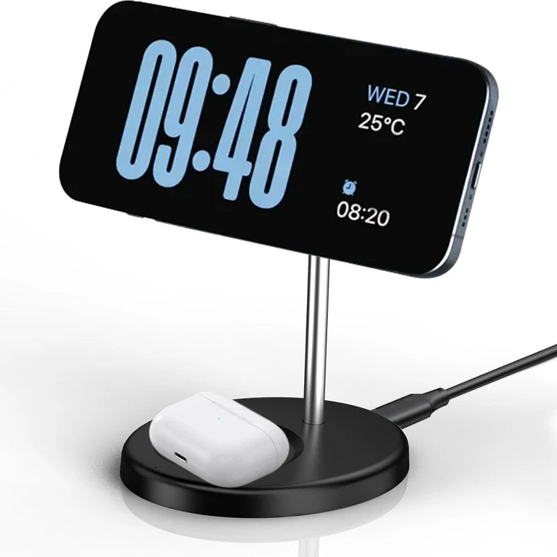 2-in-1 Magnetic Wireless Charging Stand – Fast MagSafe Charger for iPhone 12–17 & AirPods