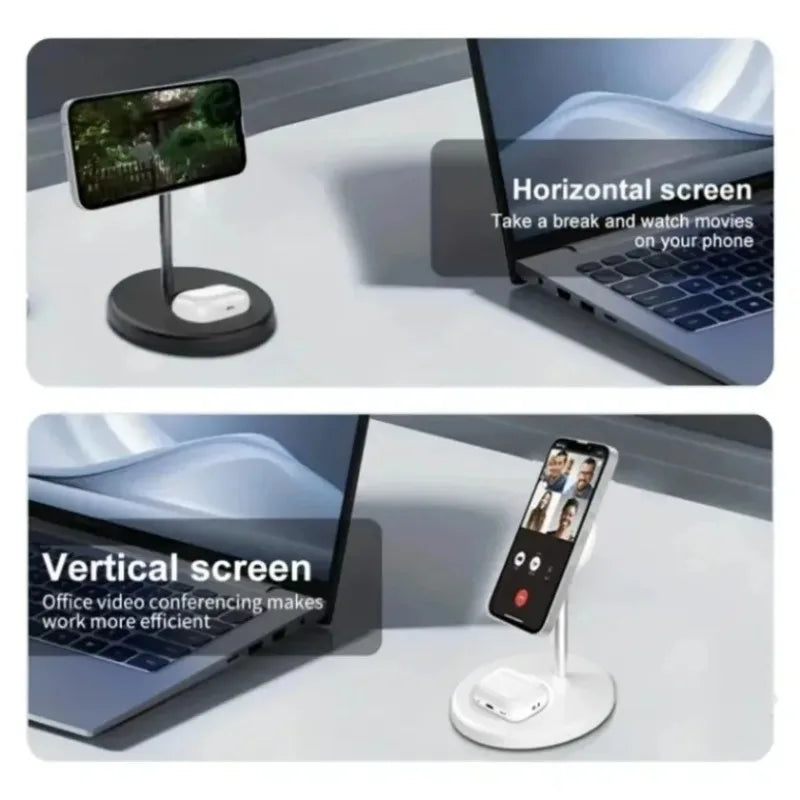 2-in-1 Magnetic Wireless Charging Stand – Fast MagSafe Charger for iPhone 12–17 & AirPods