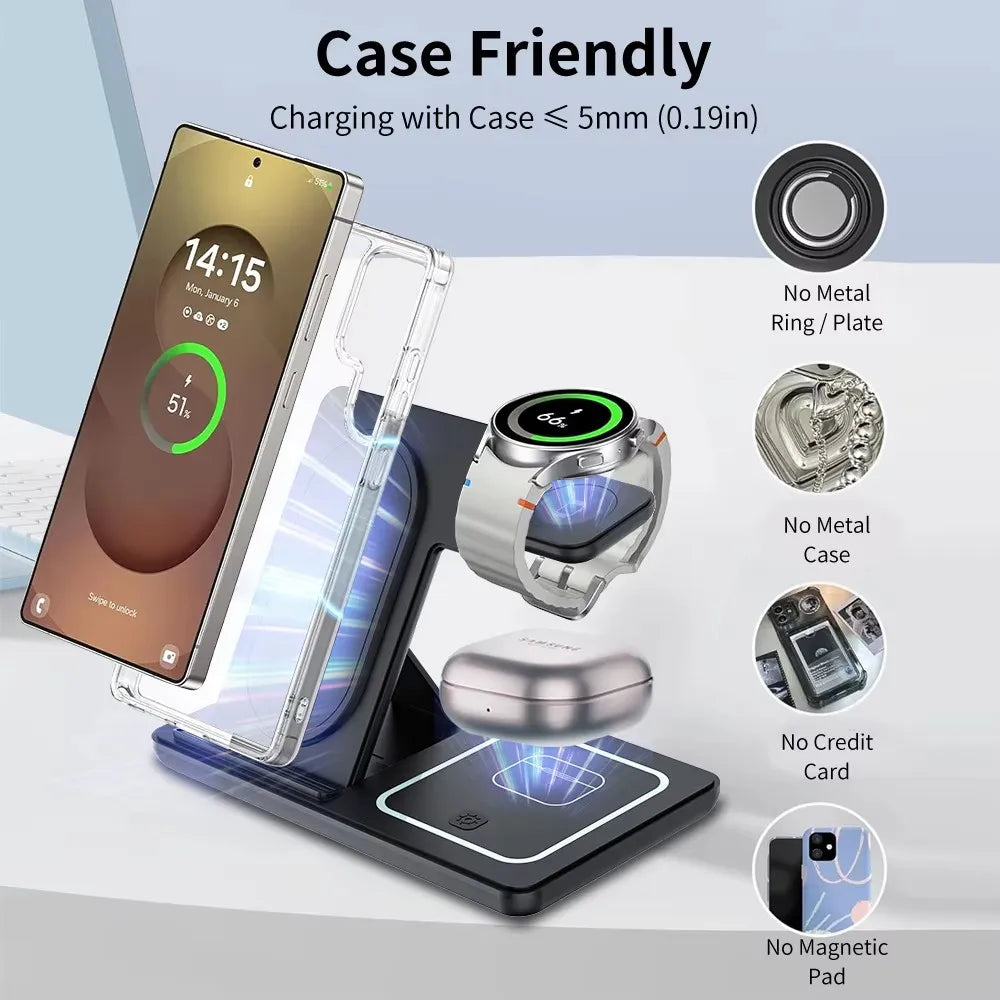 3-in-1 100W Foldable Fast Wireless Charger Stand – Samsung S23/S24 & Galaxy