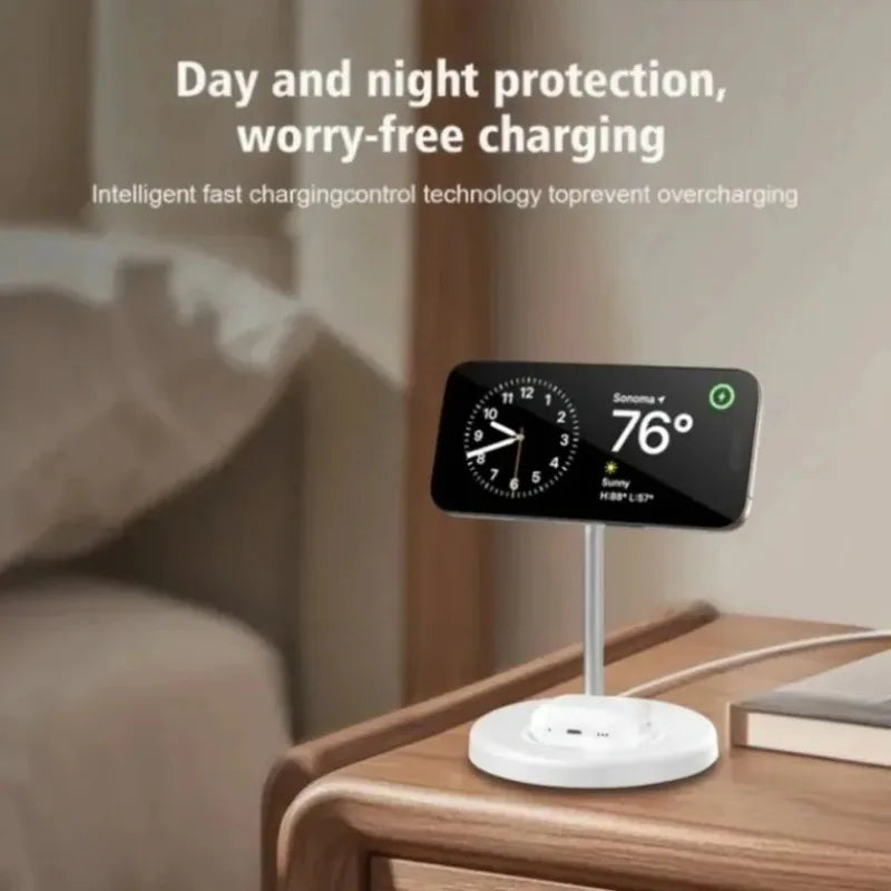 2-in-1 Magnetic Wireless Charging Stand – Fast MagSafe Charger for iPhone 12–17 & AirPods