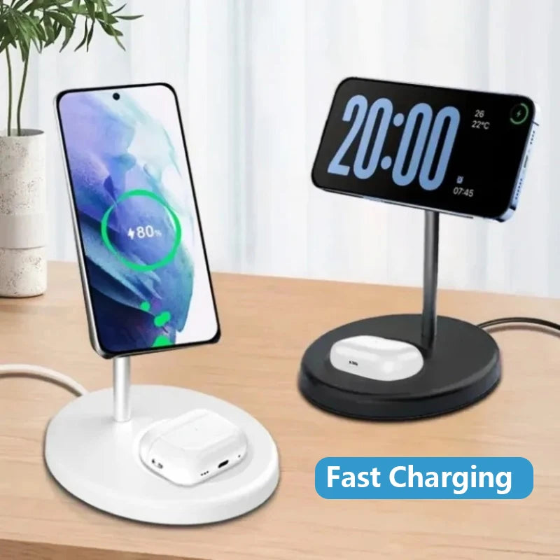 2-in-1 Magnetic Wireless Charging Stand – Fast MagSafe Charger for iPhone 12–17 & AirPods