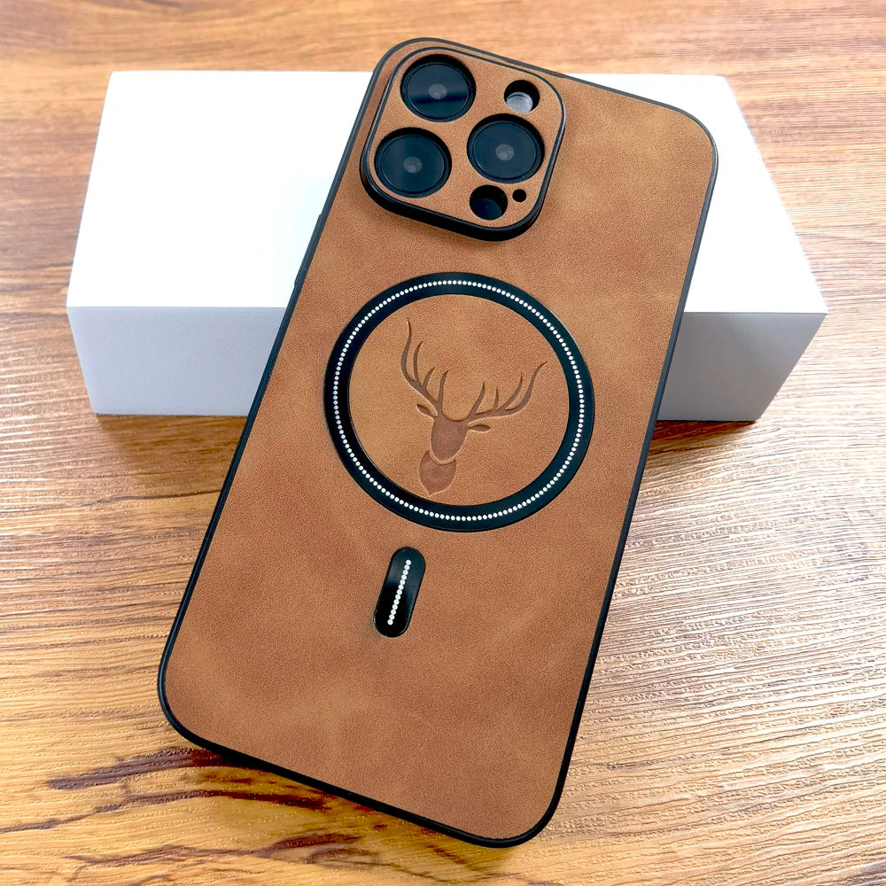 Premium PU Leather Deer Case – MagSafe & Wireless Charging for iPhone 11–17